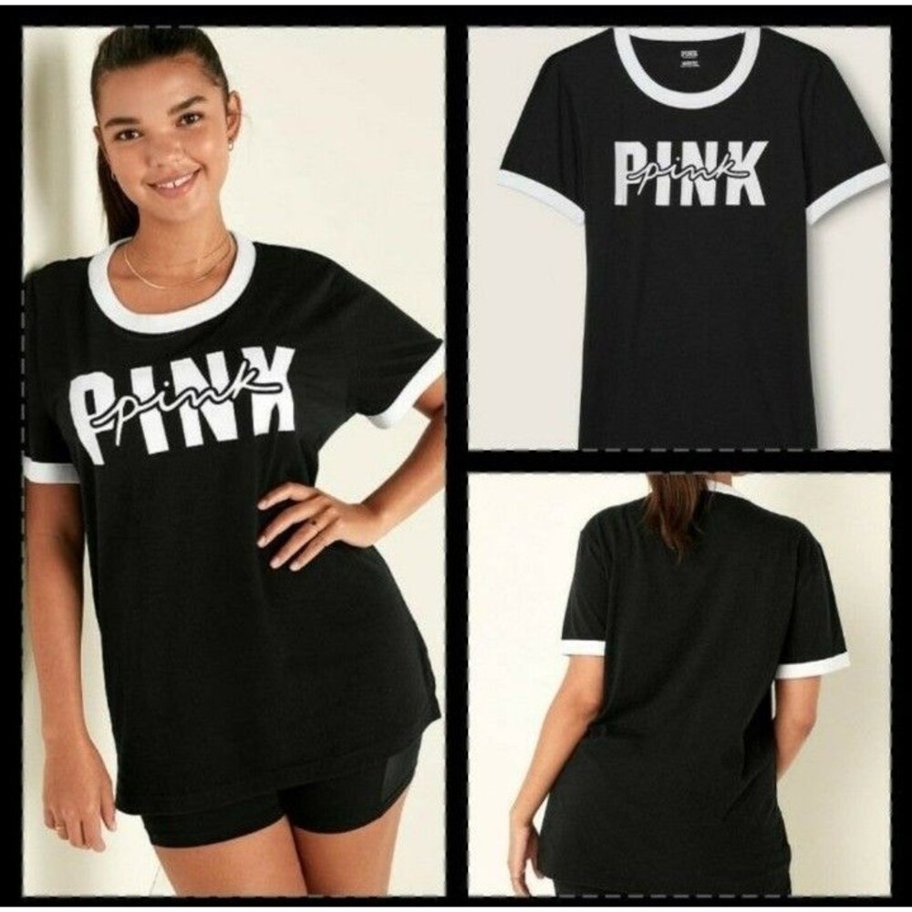 VS PINK CAMPUS RINGER TEE BLACK WHITE M